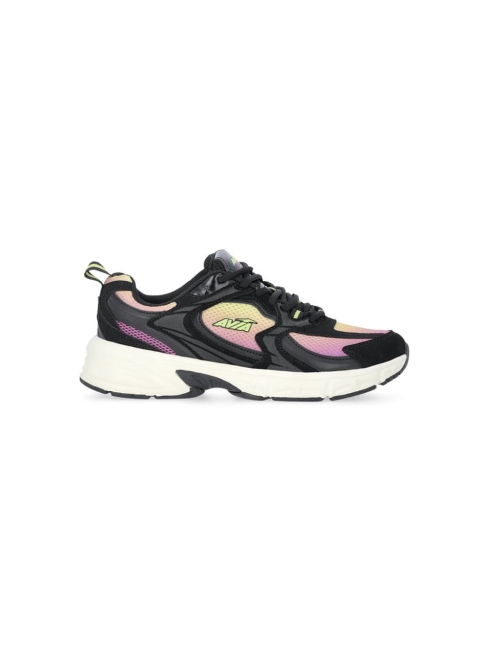 Avia Women’s Black Sneakers with Iridescent Pink and Yellow Accents